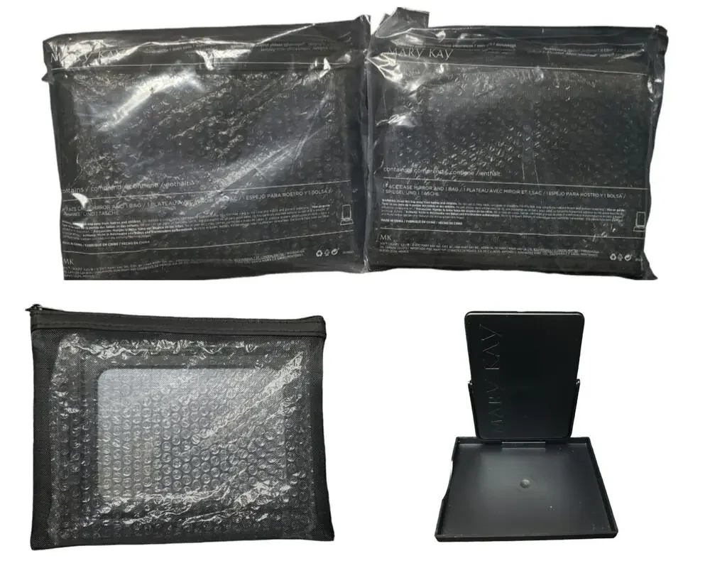 Mary Kay Portable Black Travel Makeup Pop Up Mirror & Zip Mesh Bag Set of 2 NEW